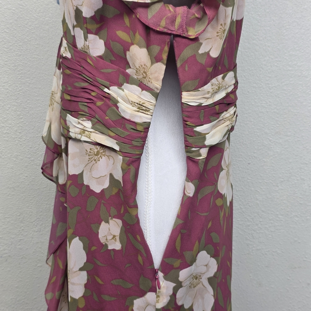 Adrianna Papell Burgundy and Cream Floral Dress Size 14 - Picture 5 of 9